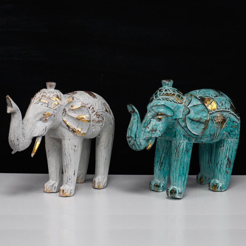 Snidad Elefant av Trä - Vit & Guld