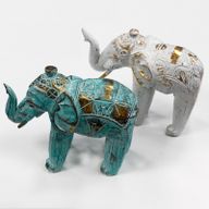Snidad Elefant av Trä - Vit & Guld