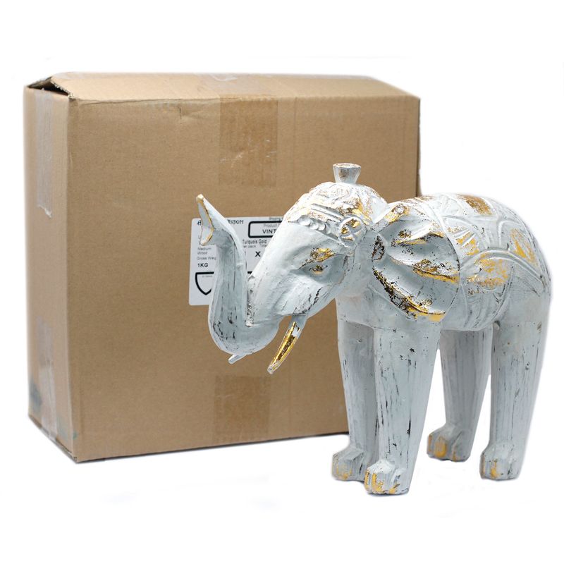 Snidad Elefant av Trä - Vit & Guld