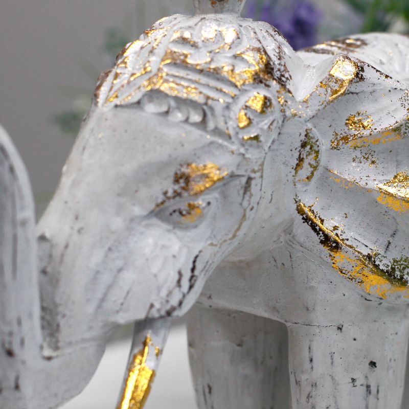 Snidad Elefant av Trä - Vit & Guld