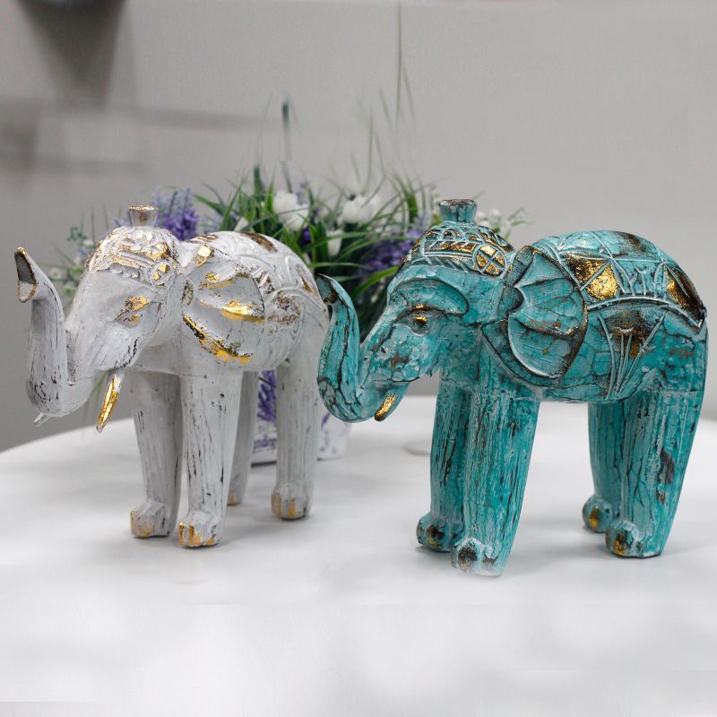 Snidad Elefant av Trä - Vit & Guld