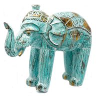 Snidad Elefant av Trä - Turkos & Guld