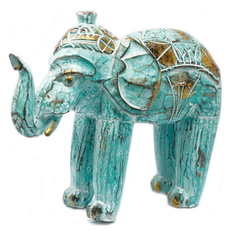 Snidad Elefant av Trä - Turkos & Guld