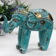 Snidad Elefant av Trä - Turkos & Guld