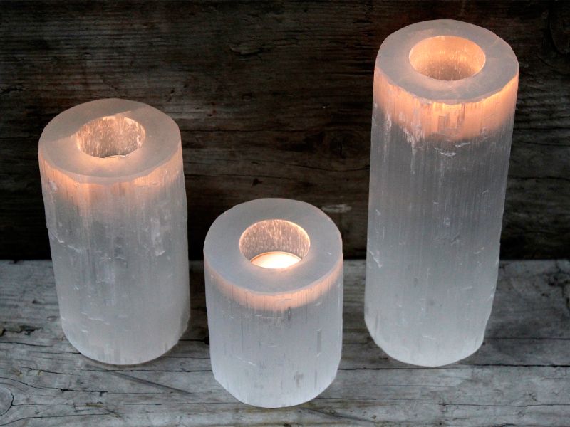 Cylinder Ljuslykta av Selenit - 10 cm