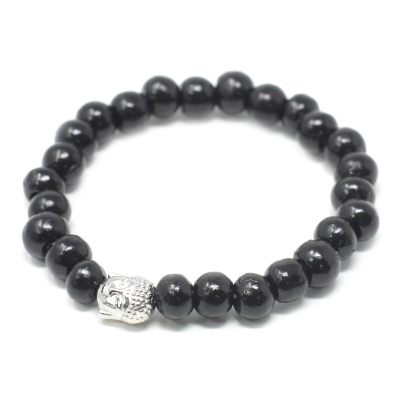 Armband med Pärlor av Mörkt Trä & Buddha