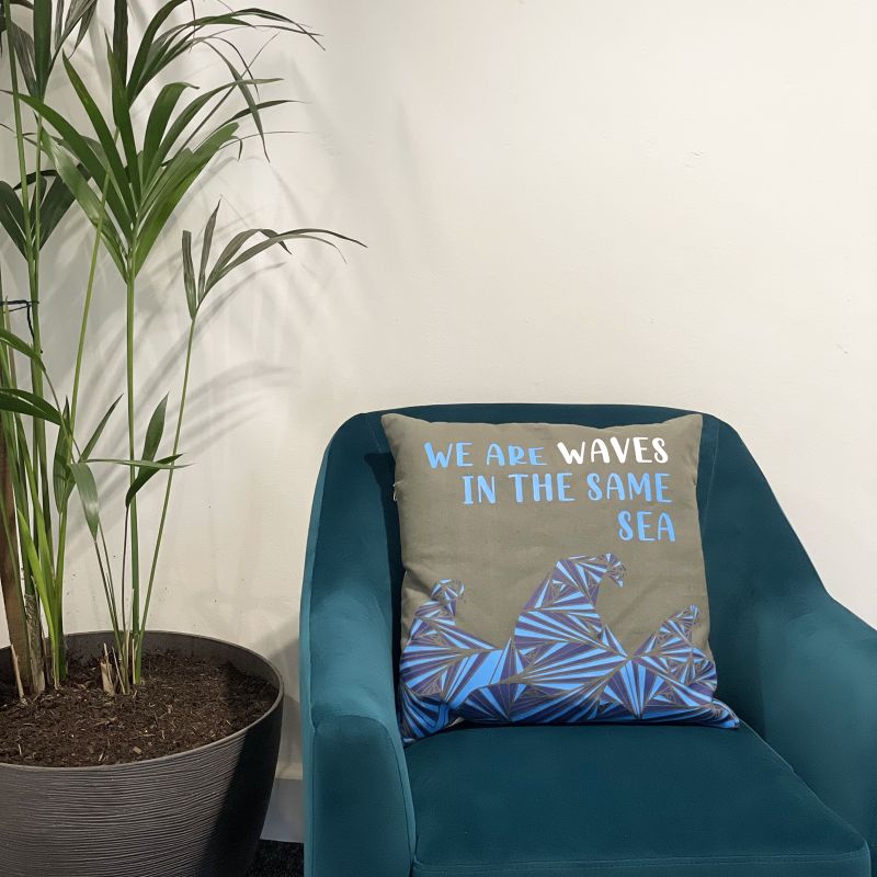 Kuddfodral med Tryck i Bomull - We are Waves - Grå, Blå och Naturlig