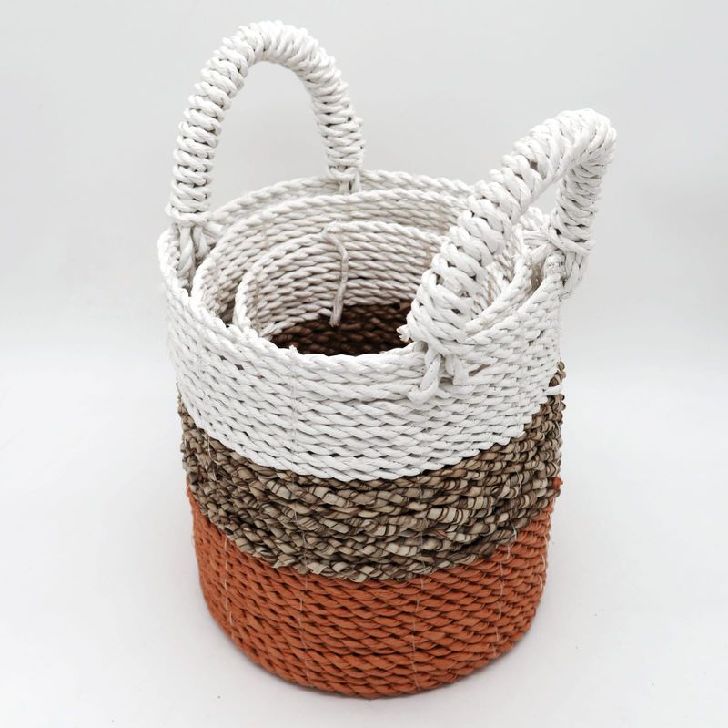 Set med Korgar av Sjögräs - Orange / Naturlig / Vit