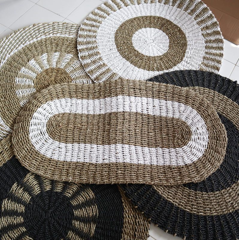 Oval Matta av Sjögräs - Vit & Beige - Klassisk - 60x120cm