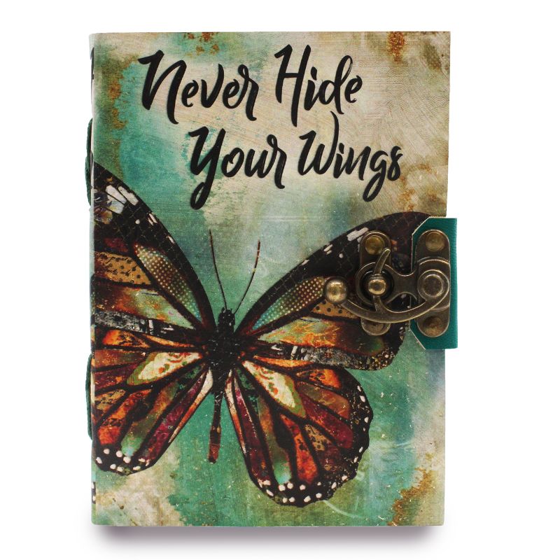 Läderbunden Anteckningsbok med Rufsade Sidokanter - "Never Hide Your Wings"