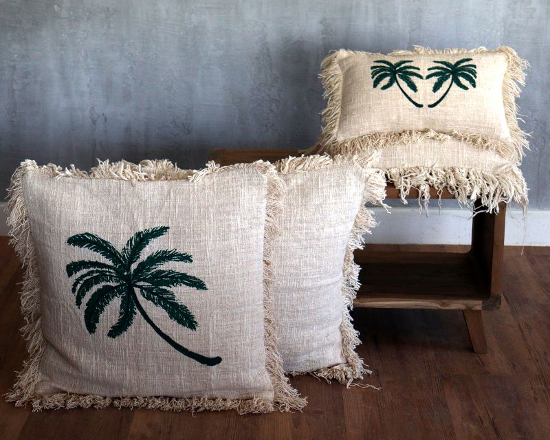 Kuddfodral i Linne 45x45cm Palmträd med Fransar