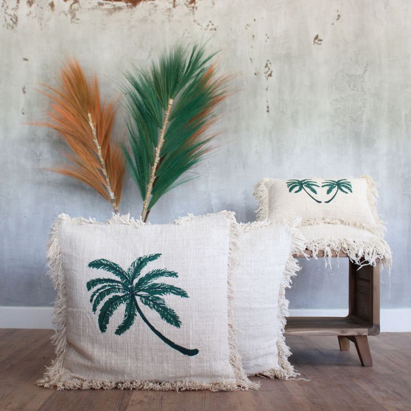 Kuddfodral i Linne 45x45cm Palmträd med Fransar
