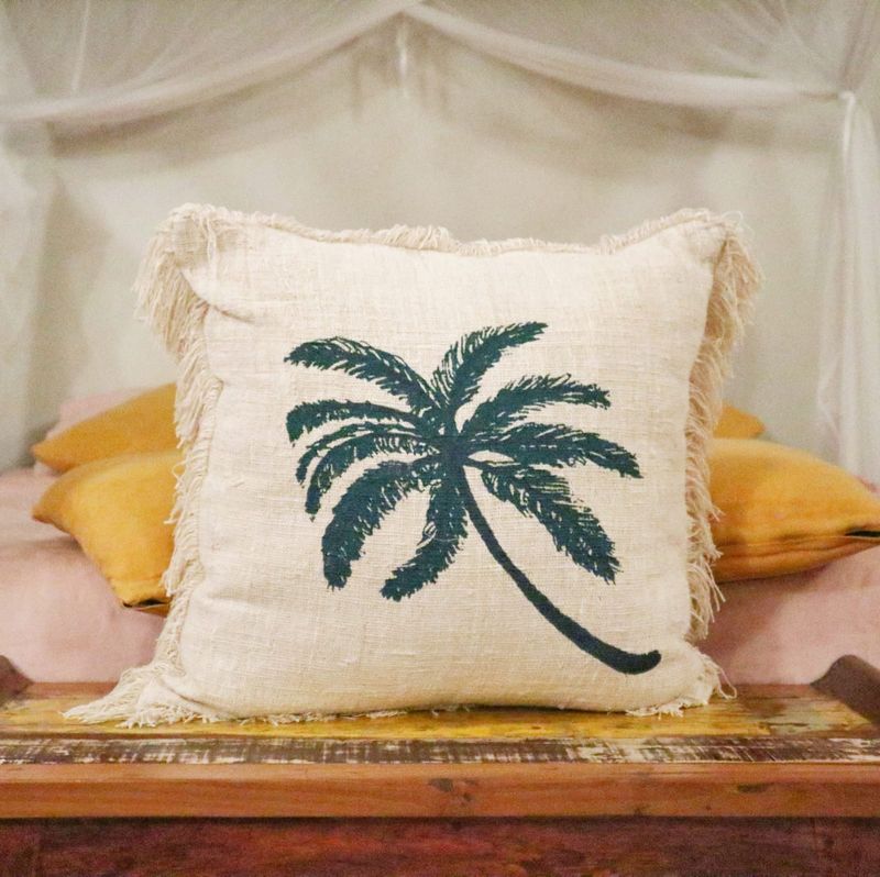 Kuddfodral i Linne 60x60cm Palmträd med Fransar