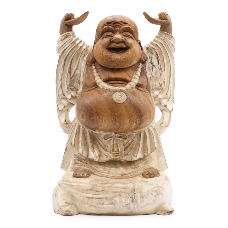 Handsnidad Buddhastaty - 40cm Upp med Händerna - Vitkalkat