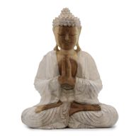 Handsnidad Buddhastaty - 30cm Välkomnande - Vitkalkat
