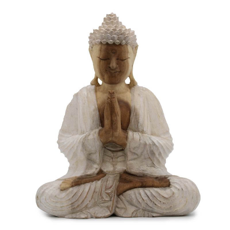 Handsnidad Buddhastaty - 30cm Välkomnande - Vitkalkat