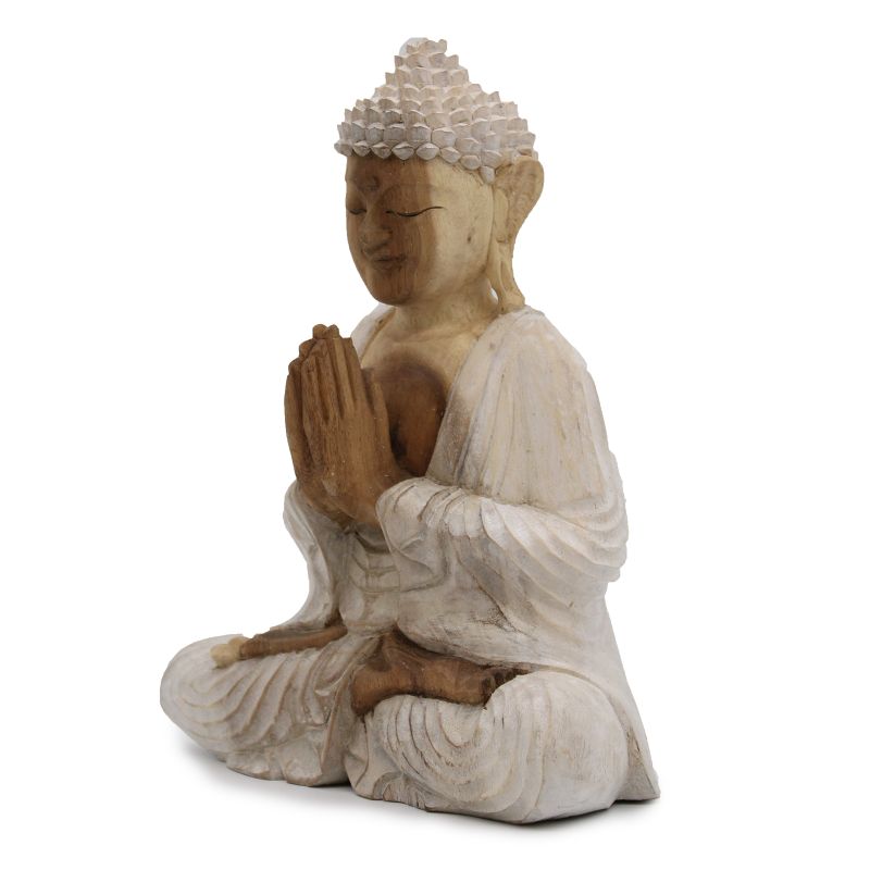 Handsnidad Buddhastaty - 30cm Välkomnande - Vitkalkat