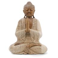 Handsnidad Buddhastaty - 40cm Välkomnande - Vitkalkat