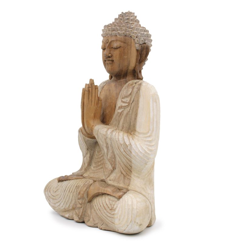 Handsnidad Buddhastaty - 40cm Välkomnande - Vitkalkat
