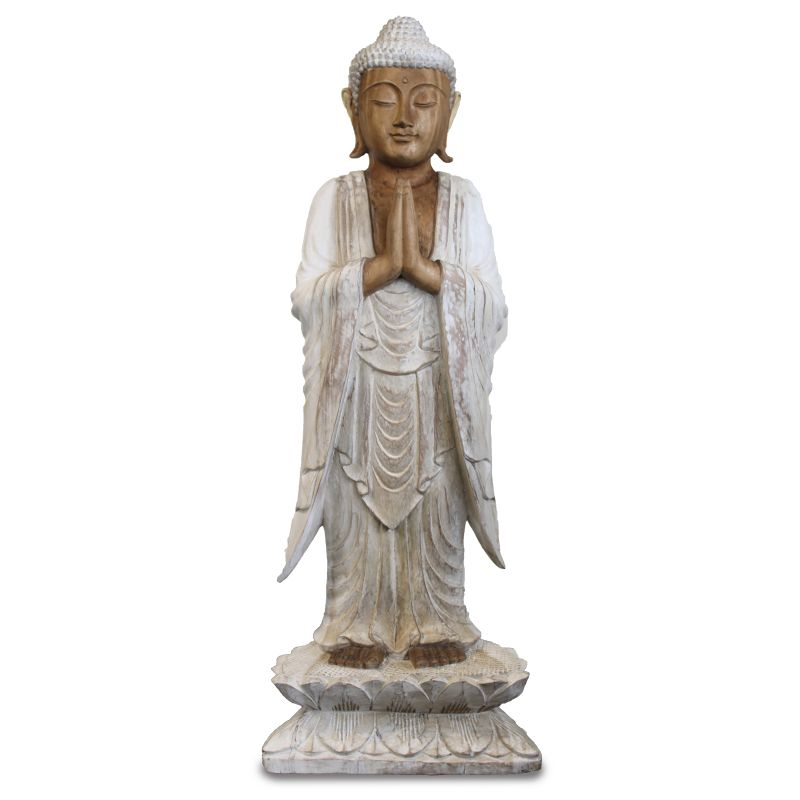 Handsnidad Buddhastaty - 100cm Välkomnande - Vitkalkat