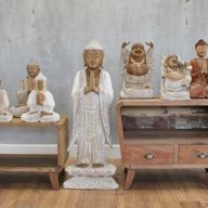 Handsnidad Buddhastaty - 100cm Välkomnande - Vitkalkat