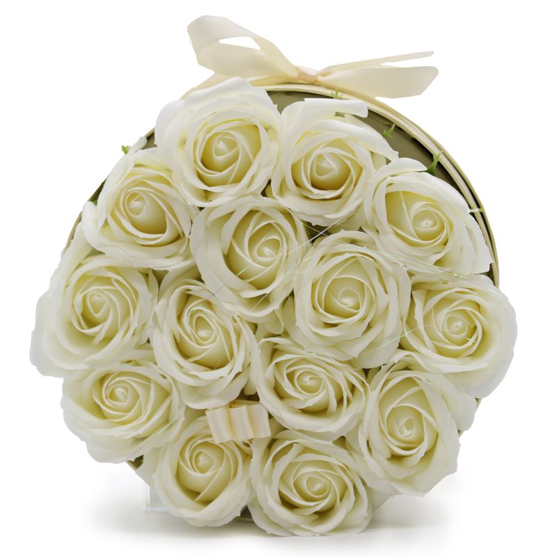 Gåvoset med Tvålblommor - 14 Krämfärgade Rosor - Rund