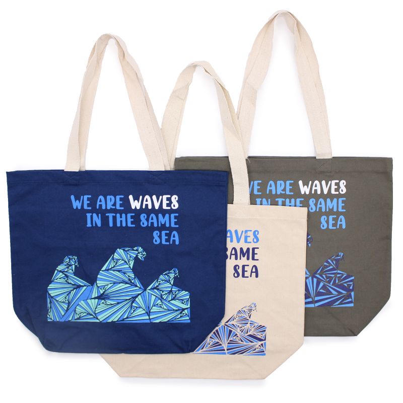 Bomullspåse med Tryck - We are Waves - Grå, Blå och Naturlig