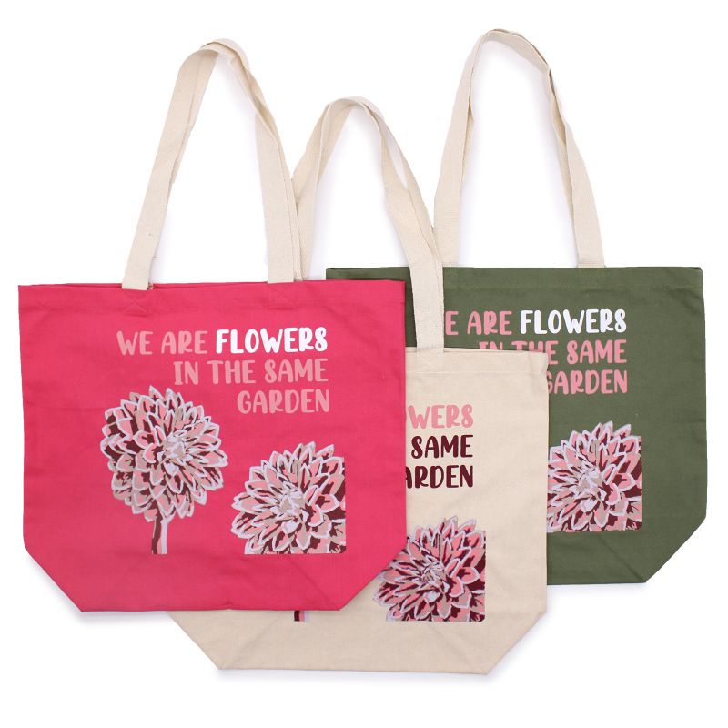 Bomullspåse med Tryck - We are Flowers - Olivgrön, Rosa och Naturlig