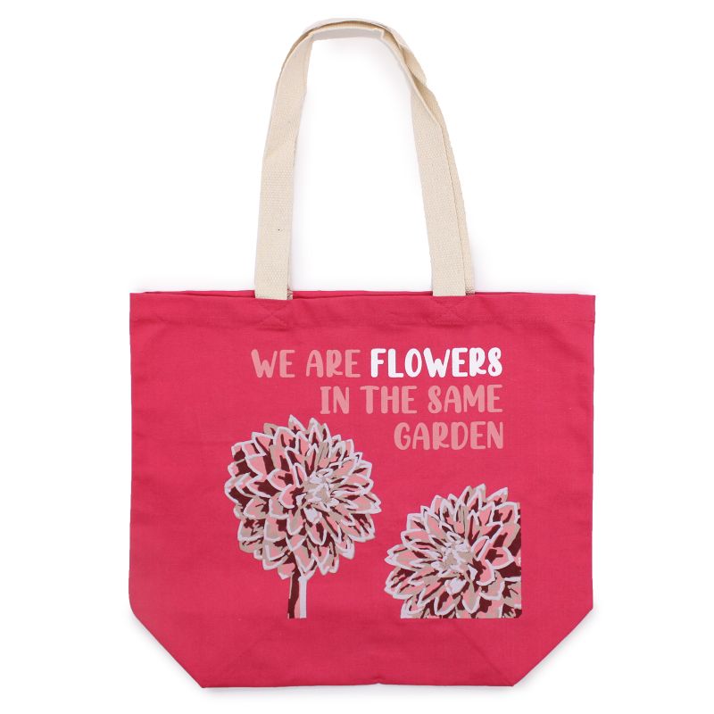 Bomullspåse med Tryck - We are Flowers - Olivgrön, Rosa och Naturlig