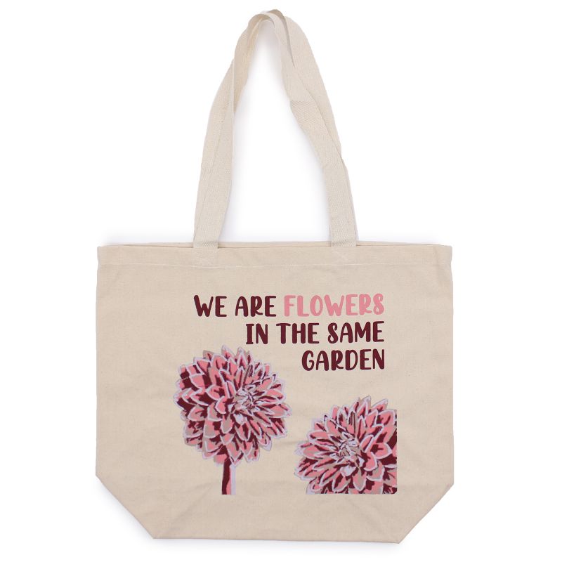 Bomullspåse med Tryck - We are Flowers - Olivgrön, Rosa och Naturlig