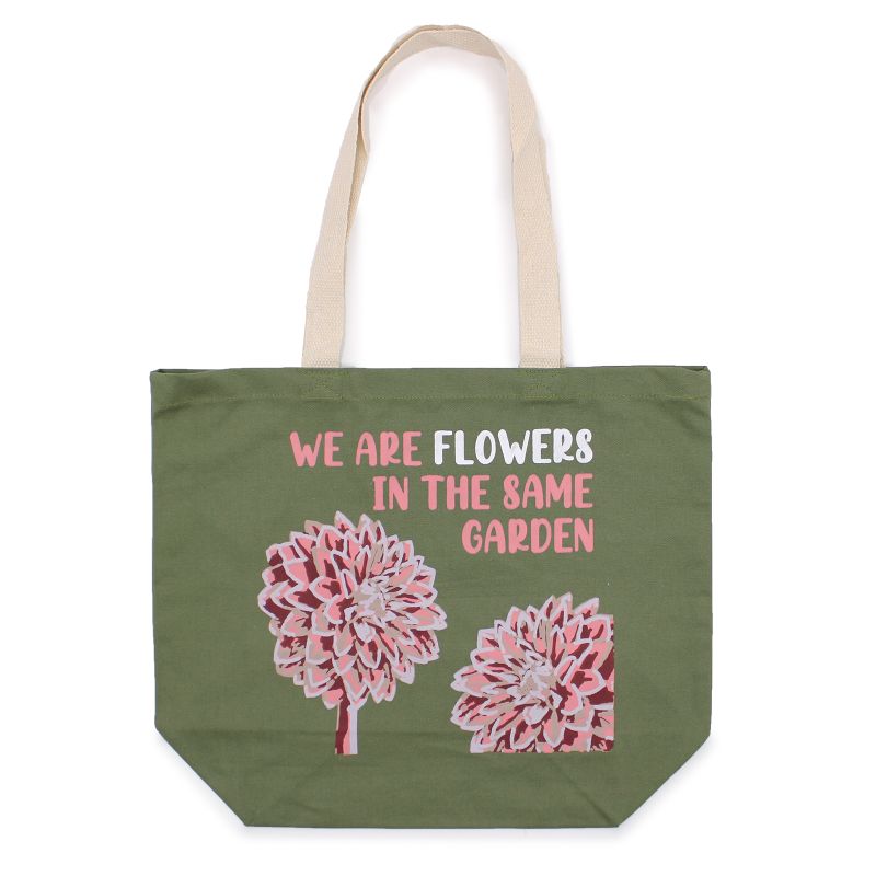 Bomullspåse med Tryck - We are Flowers - Olivgrön, Rosa och Naturlig
