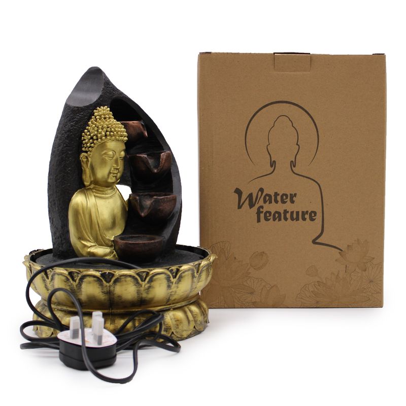 Bordsfontän - 30cm - Gyllene Buddha & Vattenkrukor