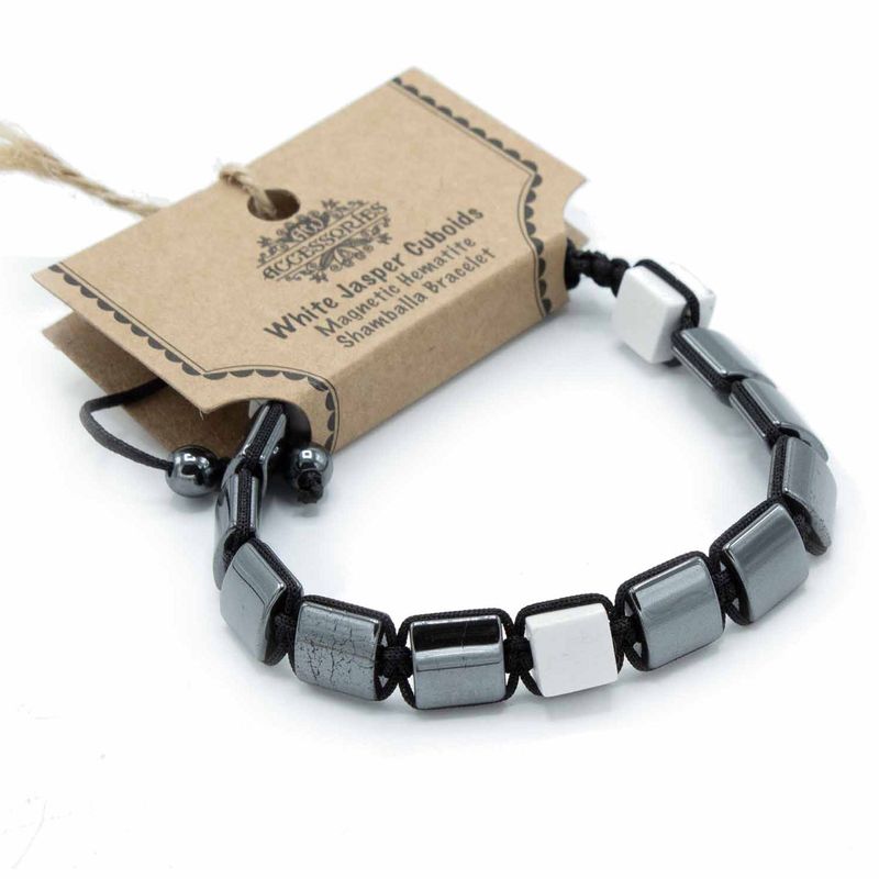Magnetisk Shamballa Armband av Hematit -  Vit Jaspis Rätblock