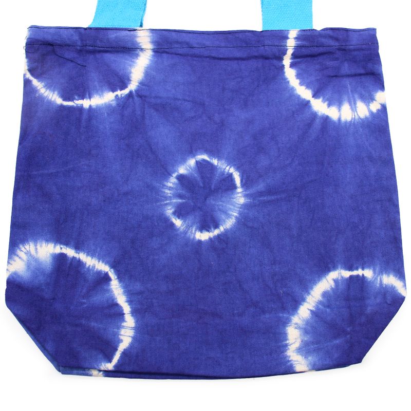 Naturlig Bomullskasse med Batik - 38x42x12cm - Blå med Cirklar - Blått Handtag