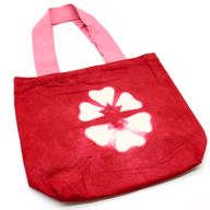 Naturlig Bomullskasse med Batik - 38x42x12cm - Röd med Blomma - Rosa Handtag