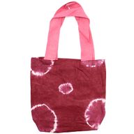 Naturlig Bomullskasse med Batik - 38x42x12cm - Röd med Cirklar - Rosa Handtag
