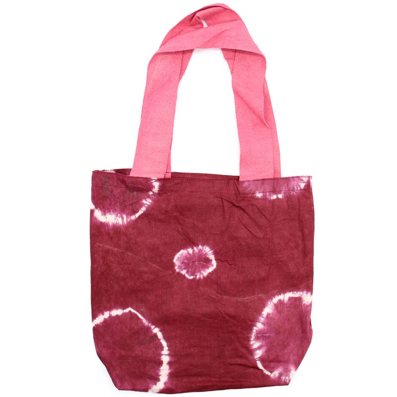 Naturlig Bomullskasse med Batik - 38x42x12cm - Röd med Cirklar - Rosa Handtag