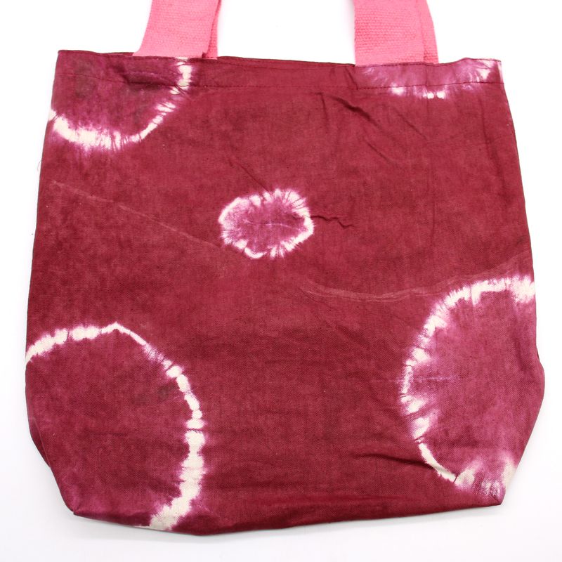 Naturlig Bomullskasse med Batik - 38x42x12cm - Röd med Cirklar - Rosa Handtag