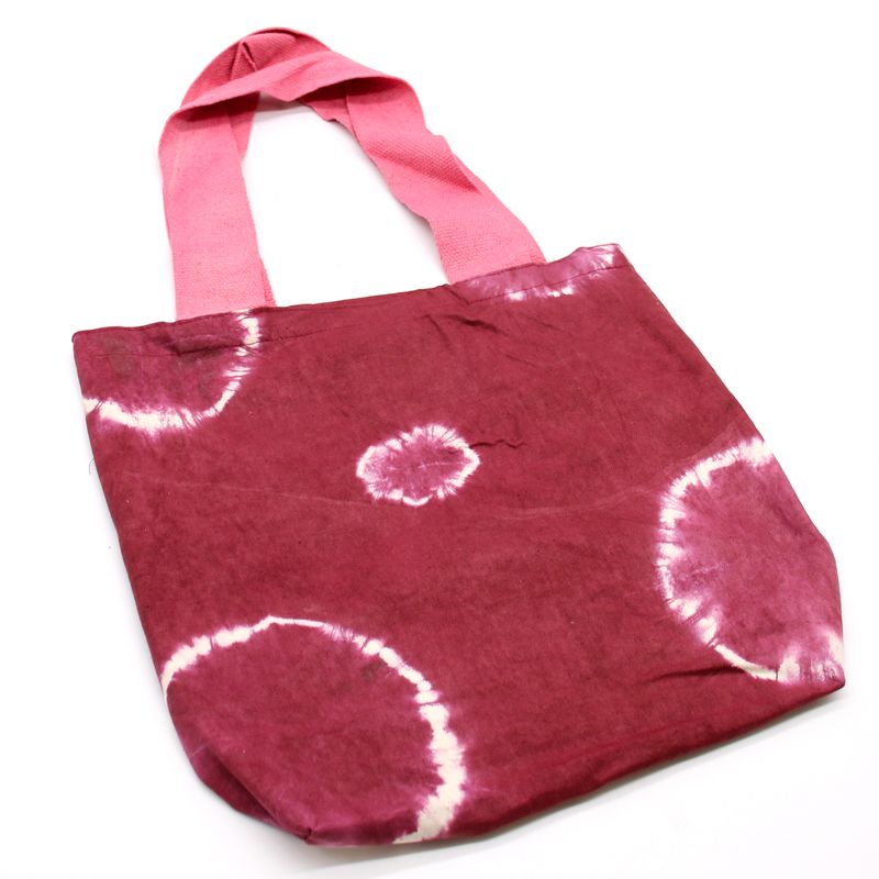 Naturlig Bomullskasse med Batik - 38x42x12cm - Röd med Cirklar - Rosa Handtag