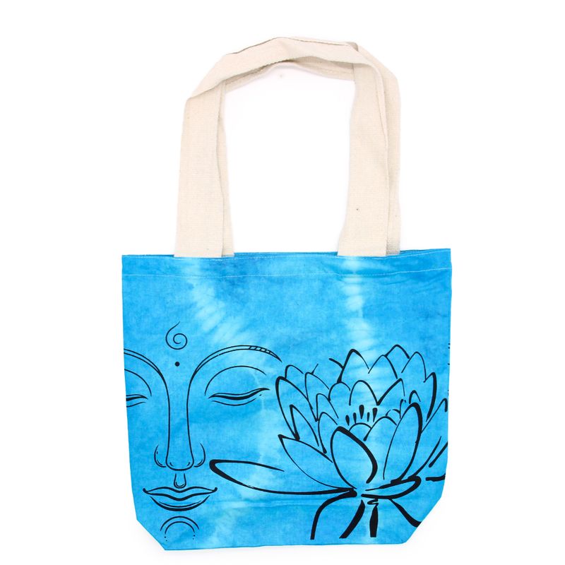 Batikväskor av Bomull - Lotus Buddha - Blå - Naturlig Handtag