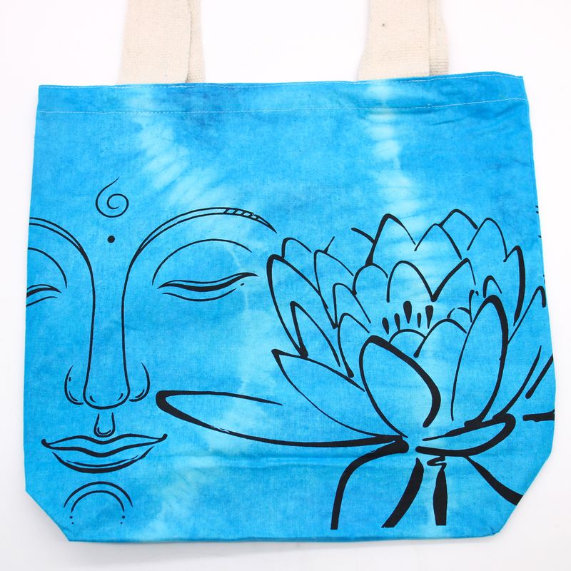 Batikväskor av Bomull - Lotus Buddha - Blå - Naturlig Handtag