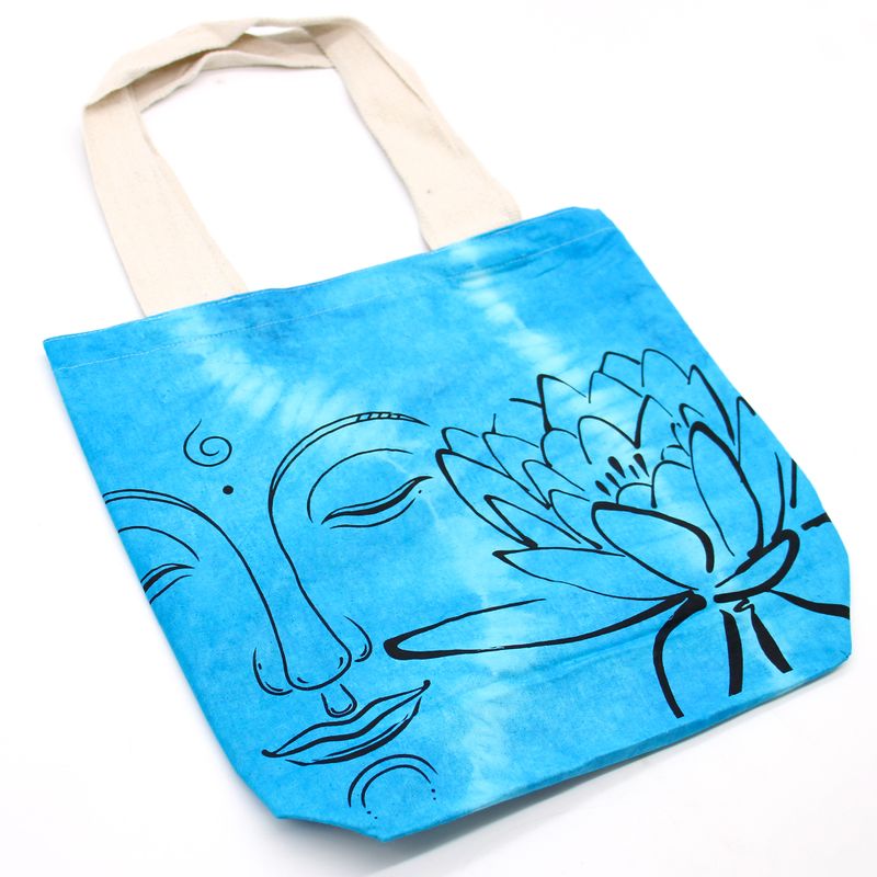 Batikväskor av Bomull - Lotus Buddha - Blå - Naturlig Handtag