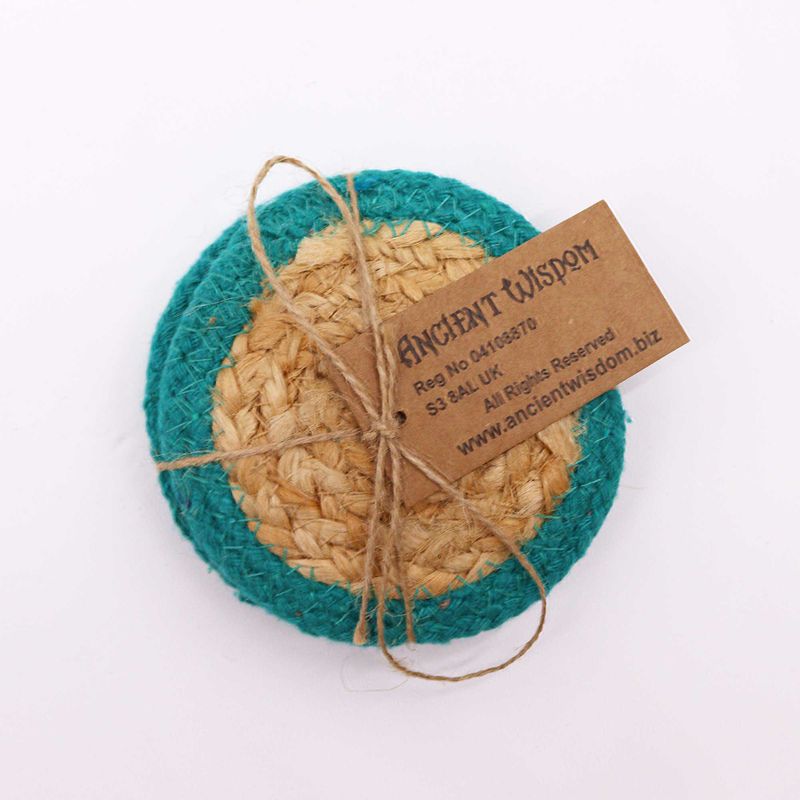 Naturligt Glasunderlägg - Jute & Bomull 10cm (set med 4) - Blågrön