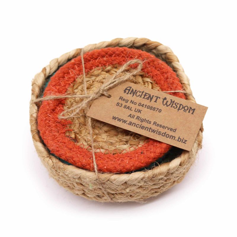 Naturligt Glasunderlägg - Jute & Bomull 10cm (set med 6) - Blandade färger i Korg