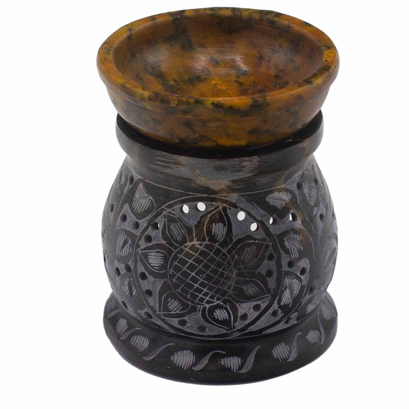 Oljebrännare av Täljsten 10cm - Mandala Blomma - Svart & Gul