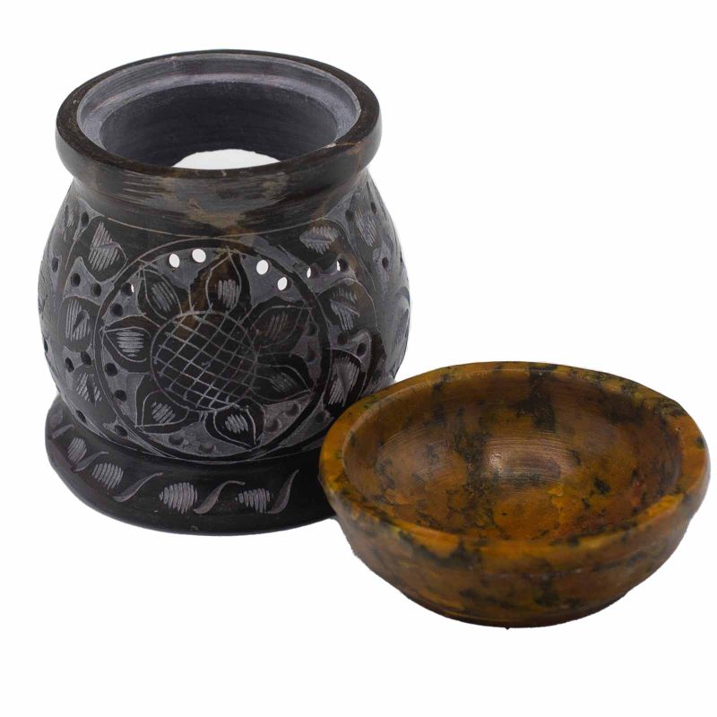 Oljebrännare av Täljsten 10cm - Mandala Blomma - Svart & Gul