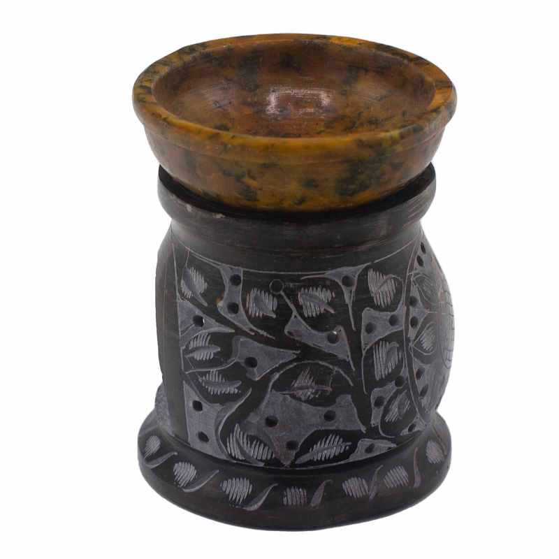 Oljebrännare av Täljsten 10cm - Mandala Blomma - Svart & Gul
