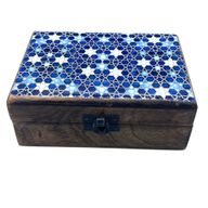 Medelstor Trälåda med Keramisk Glasyr - 15x10x6cm - Blå Stjärnor