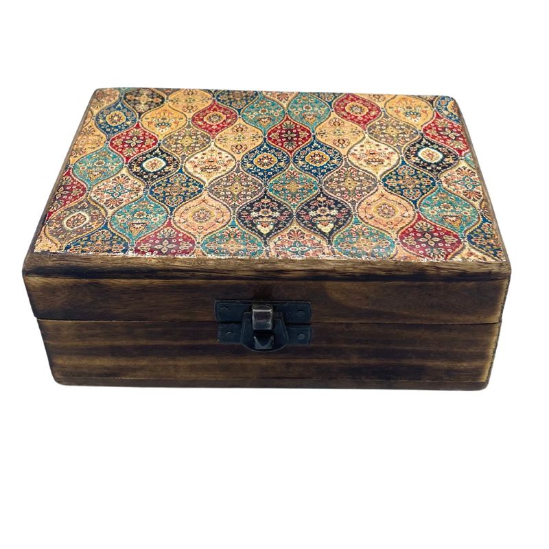 Medelstor Trälåda med Keramisk Glasyr - 15x10x6cm - Traditionellt Mönster