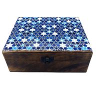 Stor Trälåda med Keramisk Glasyr - 20x15x7.5cm - Blå Stjärnor